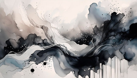 Abstract background with black and white watercolor splashes.の素材