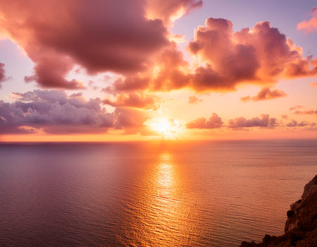 Beautiful sunset above the sea. The sky is covered with clouds.の素材