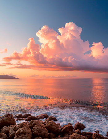 Beautiful sunset on the beach with clouds and sea in the backgroundの素材