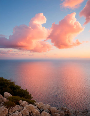 Beautiful sunset above the sea. The sky is covered with clouds.の素材