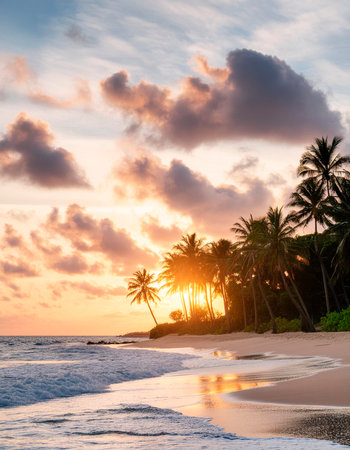 Tropical beach with palm trees at sunset, Sri Lanka.の素材