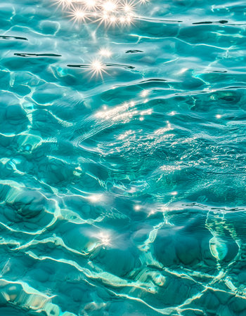 Blue water surface with sun reflection in swimming pool. Abstract background.の素材