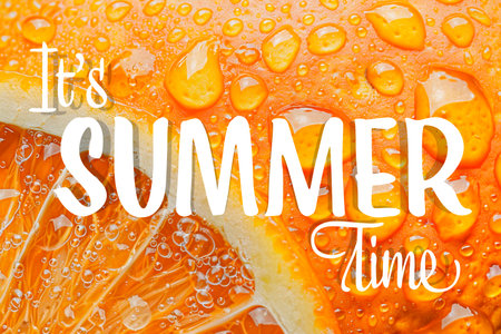 Summertime lettering with water drops on orange background.の素材