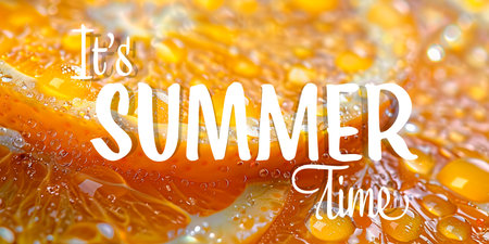 Summertime lettering with water drops on orange background.の素材
