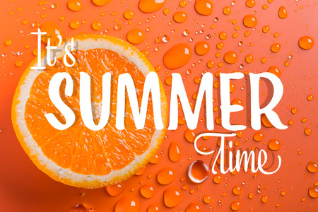 Summertime lettering with water drops on orange background.の素材