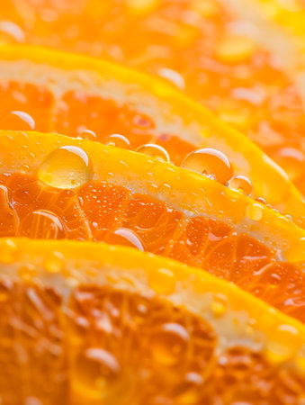 Close up of a slice of orange with water droplets on itの素材