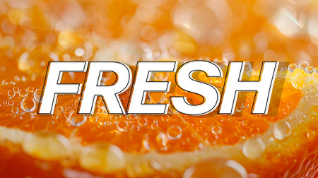 Fresh orange with water drops on it. The word fresh is reflected in the orange.の素材