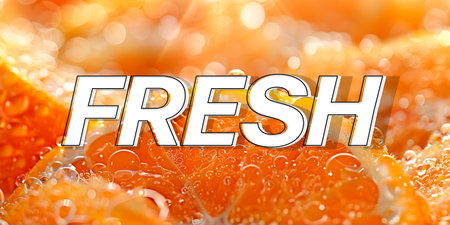Fresh orange juice with bubbles and text fresh, close-up.の素材