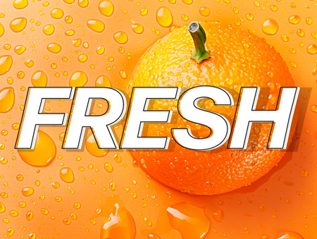 Fresh fruit with water drops on a orange background. Top view.の素材