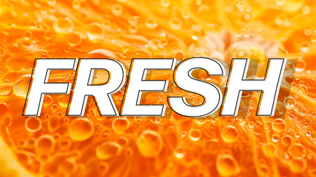 Fresh orange with water drops and the word fresh. Orange background.の素材