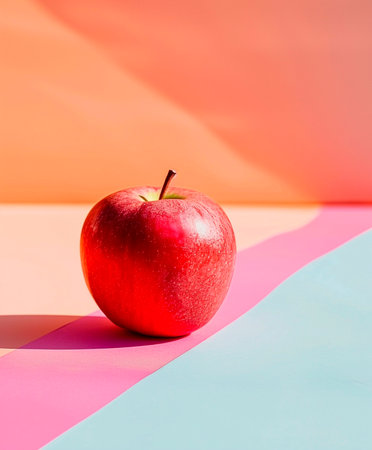 Red apple on pink and blue background with copy space for text.の素材