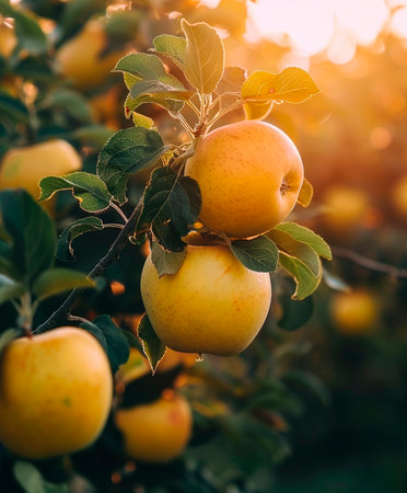 ripe apples on the tree in the orchard. Selective focusの素材