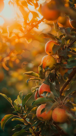Ripe apples on the tree in the orchard at sunset.の素材