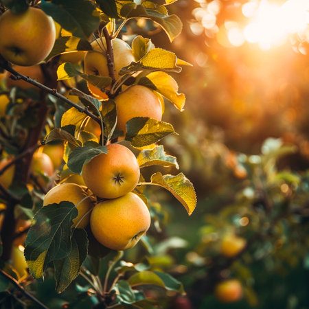 Ripe apples on a branch in the orchard at sunset.の素材
