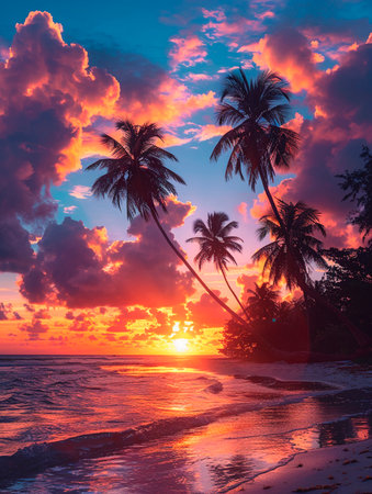 Tropical beach at sunset with palm trees silhouettes. Colorful sky.の素材