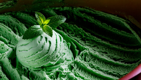 Scoop of green ice cream with mint leaves in a bowlの素材