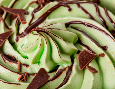 Green cupcake with whipped cream and chocolate. Shallow dof.の素材