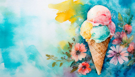 Watercolor illustration of ice cream in a waffle cone on a watercolor backgroundの素材