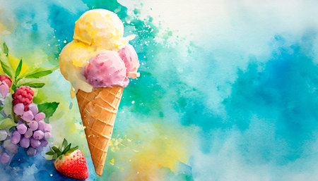 Watercolor ice cream in waffle cone on blue watercolor backgroundの素材