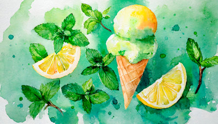 Watercolor illustration of ice cream with mint leaves, lemon and orangeの素材