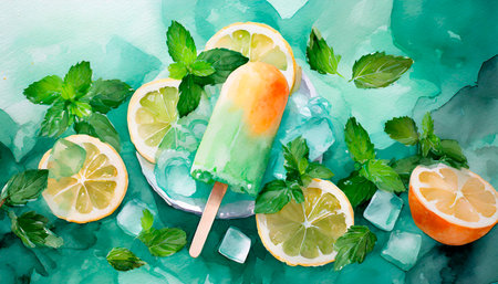 Lemon ice cream with mint and lime on turquoise watercolor backgroundの素材