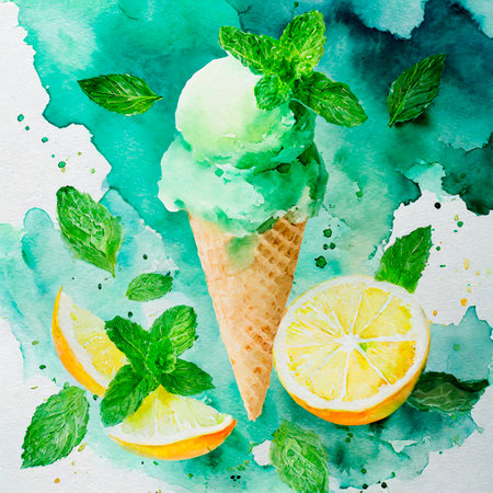 Watercolor mint ice cream with lemon and mint leaves on white backgroundの素材