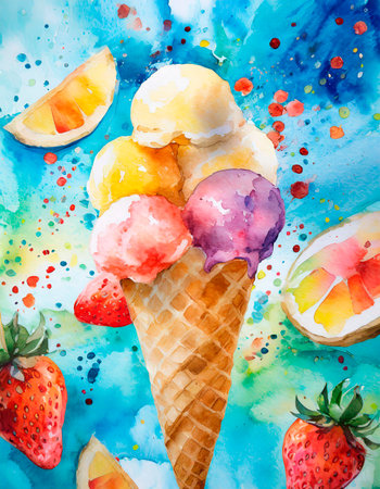 Watercolor illustration of ice cream with fruits and berries on watercolor backgroundの素材