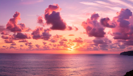 Beautiful sunset over the sea. Colorful sky with clouds.の素材