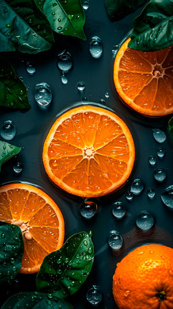 Slices of orange and green leaves with water drops on black backgroundの素材
