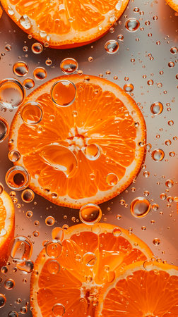 Slices of orange and lemon in water with bubbles close upの素材