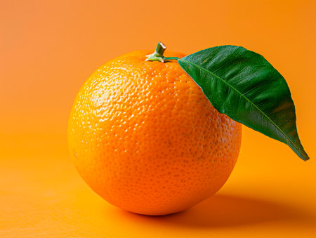 Orange fruit with green leaf on orange background. Copy space for text.の素材