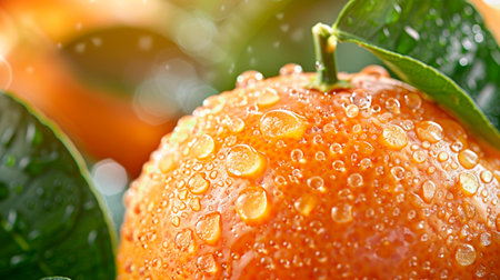 Tangerine with drops of water on a green background close upの素材