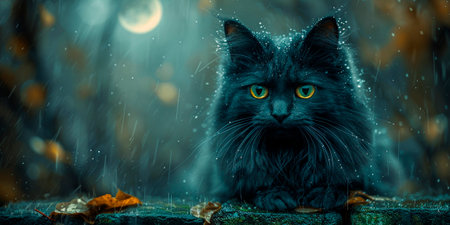 Funny black cat sitting in the autumn forest. Halloween concept.の素材