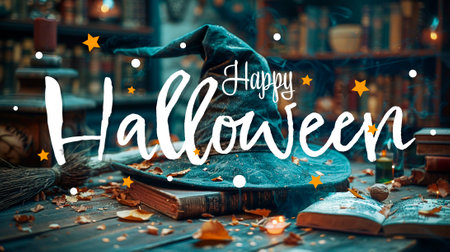 Happy Halloween. Witch hat, broom and books on a wooden table.の素材