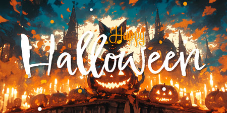Halloween background with Jack O Lanterns, spooky castle and textの素材