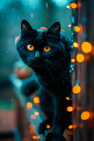 Black cat with yellow eyes on the background of the Christmas tree.の素材