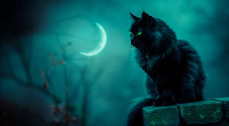 Halloween black cat sitting on a stone fence in the moonlightの素材