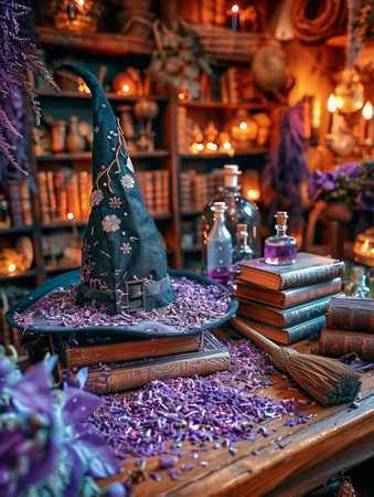 Witch's hat on a magic table with magic books and purple flowers.の素材