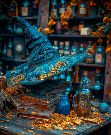 Witch hat and old books on the table. Halloween concept.の素材