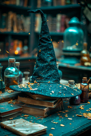 witch hat on old books in the library. halloween conceptの素材