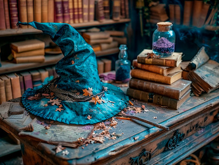 Witch's hat and books on a table in the old libraryの素材