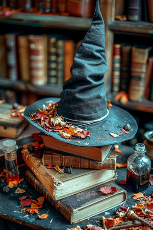 Witch hat on a pile of old books. Halloween concept.の素材