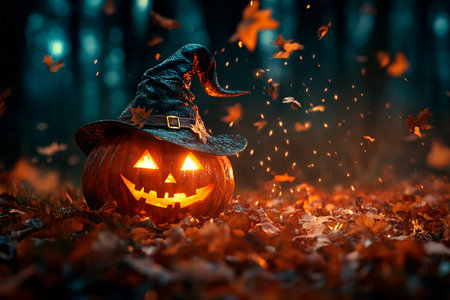 Halloween pumpkin with witch hat on forest background. Halloween concept.の素材