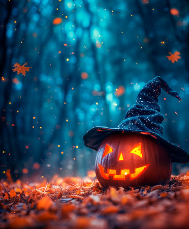 Halloween pumpkin with witch hat in the forest at night. Halloween backgroundの素材