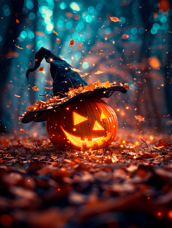 Halloween pumpkin with witch hat in the forest. Halloween concept.の素材