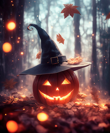 Halloween pumpkin with witch hat in the forest. Halloween concept.の素材