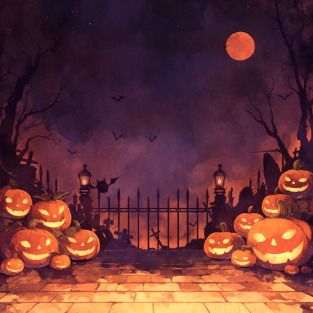 Halloween background with pumpkins, bats and cemetery. Illustrationの素材