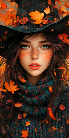 Autumn beauty. Beautiful girl in a hat and scarf with autumn leaves.の素材