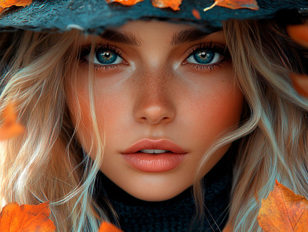 Beautiful young woman in autumn leaves. Beauty, fashion concept.の素材