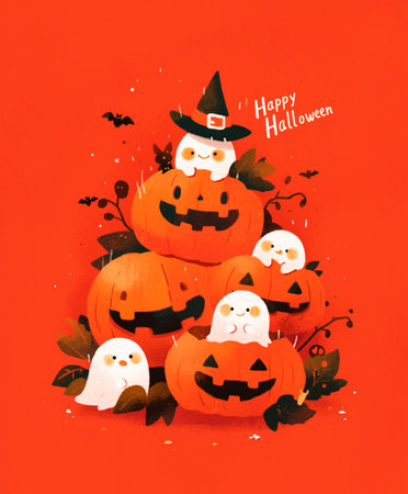 Happy Halloween card with pumpkins, ghosts and bats. Vector illustration.の素材